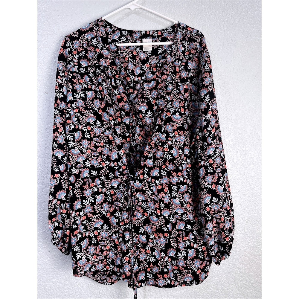 Terra‎ & Sky Blouse Women 2X Black Floral Tie-Front Boho Long Sleeve Top V Neck